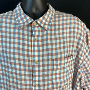 JOS A BANK Men Short Sleeve Gingham Checked Shirt 100% Linen XXL Plaid Blue Pink